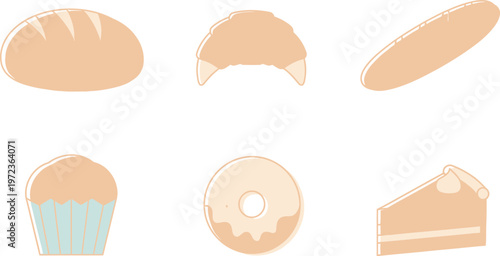 A set of freshly baked bread, croissant, focaccia, muffin, donut, and cake illustrations on white background