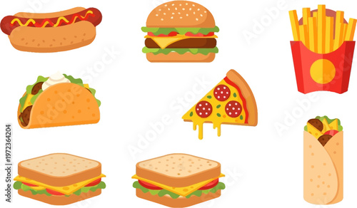 Illustration set of various fast food items on white background including hot dog and burger