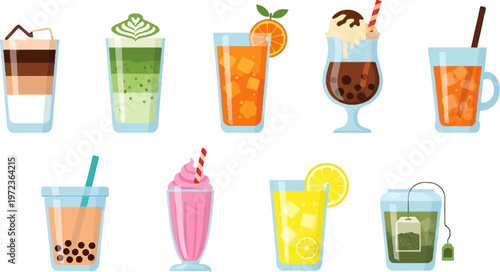 A vibrant set of various drinks and desserts on a table in a cafe with tea and milkshakes.
