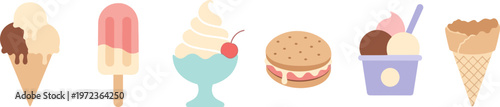 Colorful illustrations of ice cream cones, sundaes, and burgers on a white background