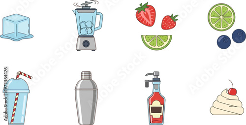 A vibrant illustration of a blender, cocktail shaker, and various ingredients for making smoothies and desserts.