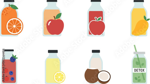 Illustration of eight bottles with various fruits and juices on a white background for detox and healthy drinks.