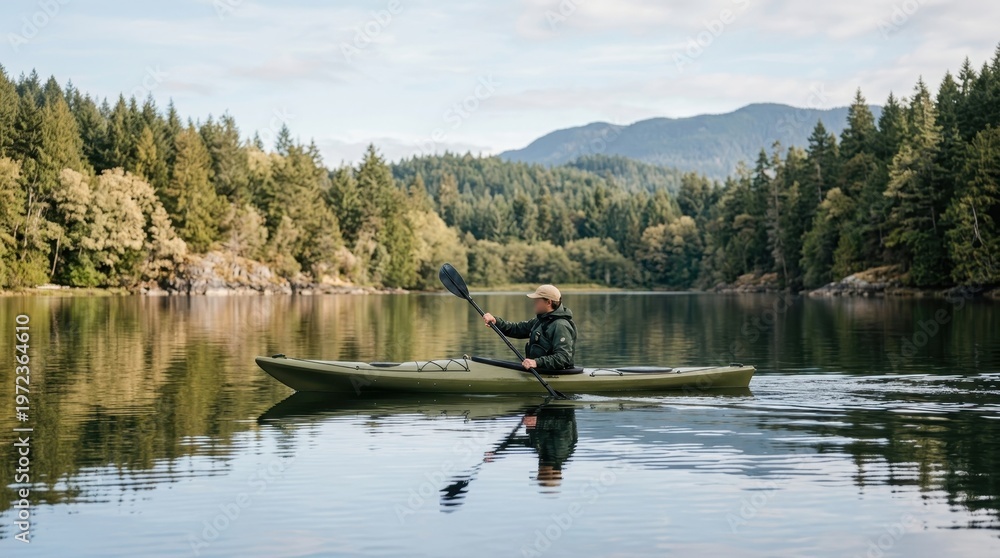 Fototapeta premium a graphic commercial composition of the kayak gliding smoothly across the lake, positioned centrally with ample negative space around it for advertising copy. the