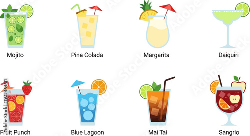Vibrant set of eight cocktail illustrations displayed on white background with umbrellas and fruits.