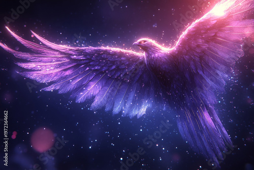 Giant bird with outstretched wings in the starry sky