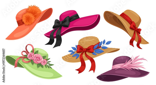 Set of stylish women's wide-brimmed sun hats with decorative ribbons, flowers, and feathers