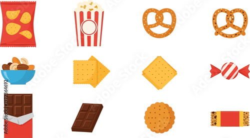 Colorful snack food illustrations including chips popcorn pretzels crackers and candy on white background