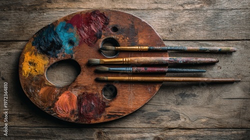 Painted wooden palette with assorted brushes rests on a rustic wooden table.