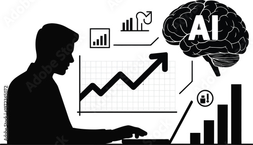 Silhouette of a businessman working on a laptop with ai analysis