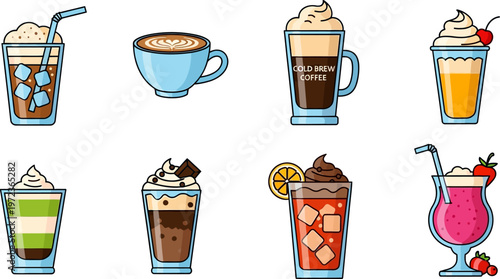 Colorful set of eight drinks with ice and topping on a white background illustration.