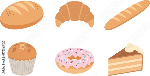 A set of bakery items including bread, croissant, baguette, muffin, donut, and cake on a table.