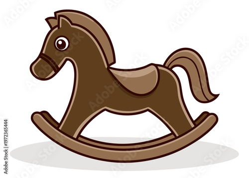 A stylized vector drawing of a dark brown rocking horse toy features a tan saddle and a thick curved base with a subtle shadow underneath.