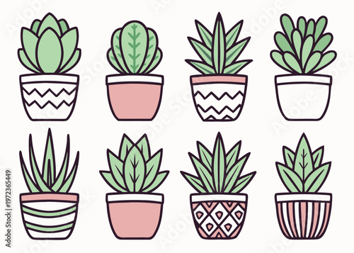 A charming collection of eight different hand drawn succulent plants in pink pots with unique black and white patterns is arranged in a grid.