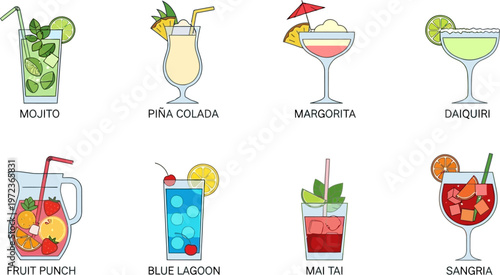 Colorful illustrations of eight popular cocktails on a white background