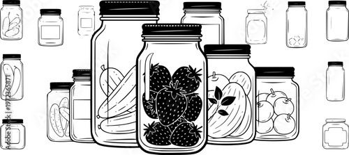 Kitchen food storage and organic fruit preserve icon featuring a simple silhouette of glass jars with one filled with strawberries – Color Vector Illustration