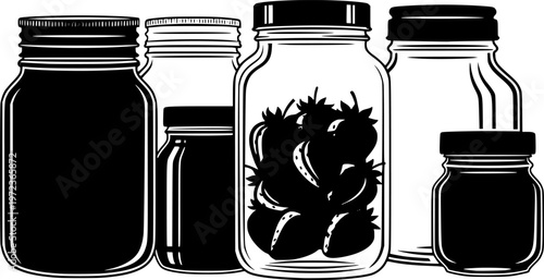 Kitchen food storage and organic fruit preserve icon featuring a simple silhouette of glass jars with one filled with strawberries – Color Vector Illustration