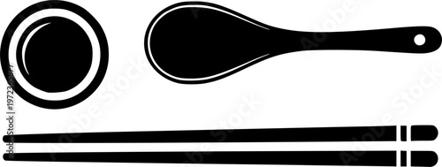 Asian cuisine dining utensils and traditional cutlery icon featuring a simple black silhouette of neatly arranged pairs of chopsticks – Black and White Vector Illustration