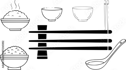 Asian cuisine dining utensils and traditional cutlery icon featuring a simple black silhouette of neatly arranged pairs of chopsticks – Black and White Vector Illustration