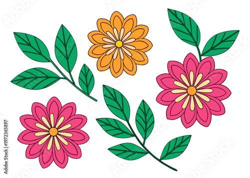 A collection of colorful floral illustrations featuring three magenta and orange flowers alongside three separate green leafy branches on a solid white background.