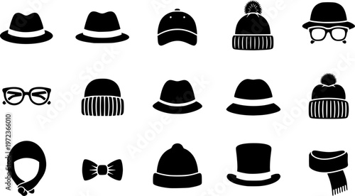 Fashion headwear and apparel accessories icon set featuring various simple black silhouettes of different hat styles – Black and White Vector Illustration