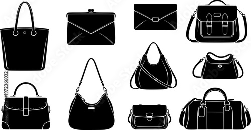 Fashion accessories and luxury leather purse icon set featuring simple black silhouettes of stylish female handbags – Black and White Vector Illustration