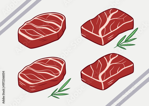 A collection of four delicious raw meat cuts representing beef steaks with white marbling and green herb sprigs displayed on a light grey background.