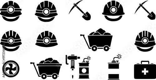 Collection of mining equipments in black symbolic representation silhouette – Black Vector Illustration
