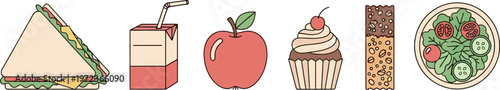 A colorful set of food illustrations including sandwich, juice box, apple, cupcake, granola bar, and salad.
