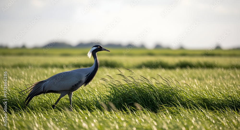 Fototapeta premium Gray crowned crane walking in lush green wetland at golden hour with soft lighting