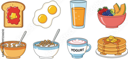 Delicious breakfast scene with toast, eggs, juice, fruit bowl, cereal, yogurt, and pancakes.