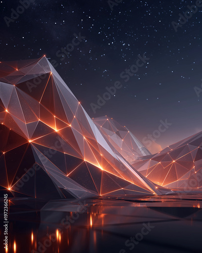 Abstract Illuminated Mountainscape: A futuristic and ethereal landscape showcases interconnected, glowing lines across abstract mountain forms under a starry night sky.