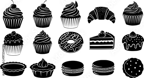 Bakery dessert and sweet pastry food icon set featuring various simple black silhouettes of detailed cupcakes with frosting – Black and White Vector Illustration