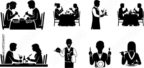 Restaurant hospitality and social dining lifestyle icon set featuring various simple black silhouettes of people eating and interacting at tables – Black and White Vector Illustration