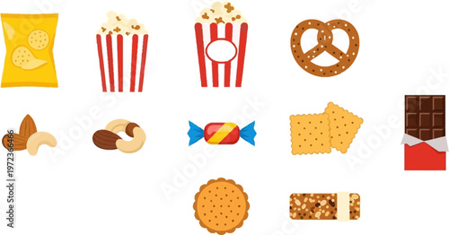 Colorful illustrations of snacks and treats on a white background including chips popcorn pretzels