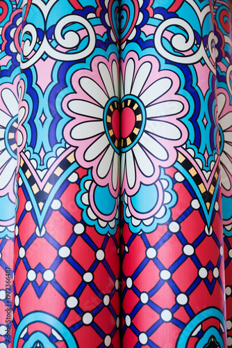 Vibrant patterns in Deepavali decor featuring colorful flowers and geometric designs