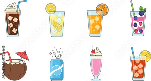Vibrant colorful illustrations of assorted refreshing summer drinks with straws and umbrellas on white background.