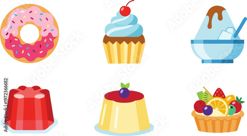 Colorful illustrations of sweet treats on a white background including desserts and fruits.