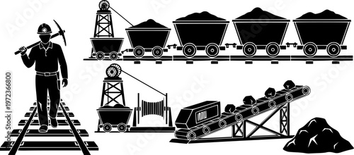 Industrial mining extraction and coal mine logistics icon set featuring simple black silhouettes of a worker and mining carts on railroad tracks – Black and White Vector Illustration