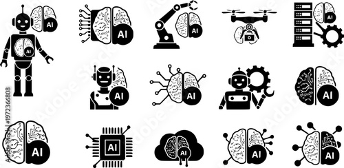 Artificial intelligence technology and future automation robot icon set featuring simple black silhouettes of robotic figures with ai brain symbols – Black and White Vector Illustration