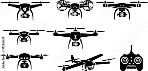 Modern uav technology and aerial photography equipment icon set featuring simple black silhouettes of various drone designs and a remote controller – Black and White Vector Illustration