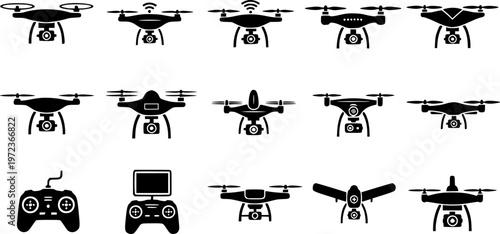 Modern uav technology and aerial photography equipment icon set featuring simple black silhouettes of various drone designs and a remote controller – Black and White Vector Illustration