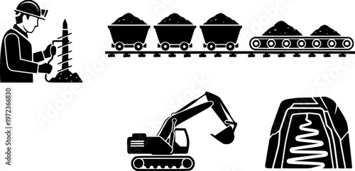 Industrial mining extraction and coal mine logistics icon set featuring simple black silhouettes of a worker and mining carts on railroad tracks – Black and White Vector Illustration