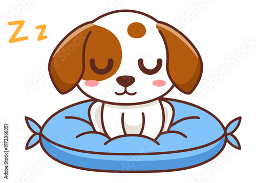 A cute white puppy with brown spots sits with its eyes closed in a blue cushioned bed under two snoring symbols.
