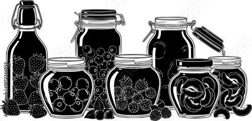 Fruit preserve and homemade marmalade glass jar icon set featuring various simple black silhouettes of jam jars with different fillings – Black and White Vector Illustration