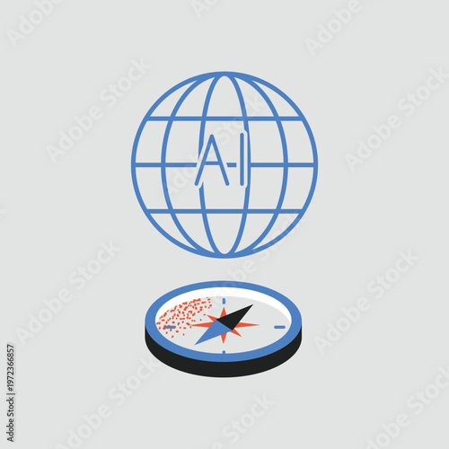 Global AI Ethics and Safety Concept. Vector Illustration of a Compass Navigating Artificial Intelligence Development with Values, Governance, Digital Responsibility, and Moral Direction.
