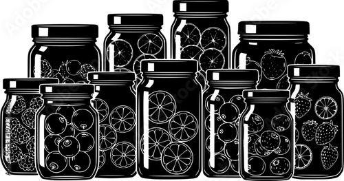 Fruit preserve and homemade marmalade glass jar icon set featuring various simple black silhouettes of jam jars with different fillings – Black and White Vector Illustration