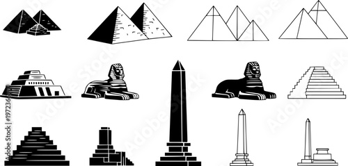 Ancient Egyptian landmark and geometric architecture monument icon set featuring simple black silhouettes and white outline pyramid shapes – Black and White Vector Illustration