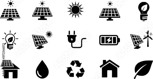 Green sustainability and solar energy technology icon set featuring simple black silhouettes of solar panels and power source symbols – Black and White Vector Illustration