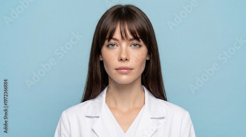 A young Caucasian woman with long brown hair and bangs wears a white lab coat against a light blue background. She has a neutral expression and is looking directly at the camera.