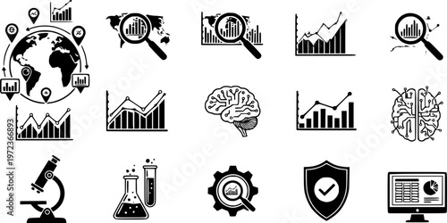 Global science and statistical data analysis icon set featuring simple black silhouettes of research tools and world globe – Black and White Vector Illustration